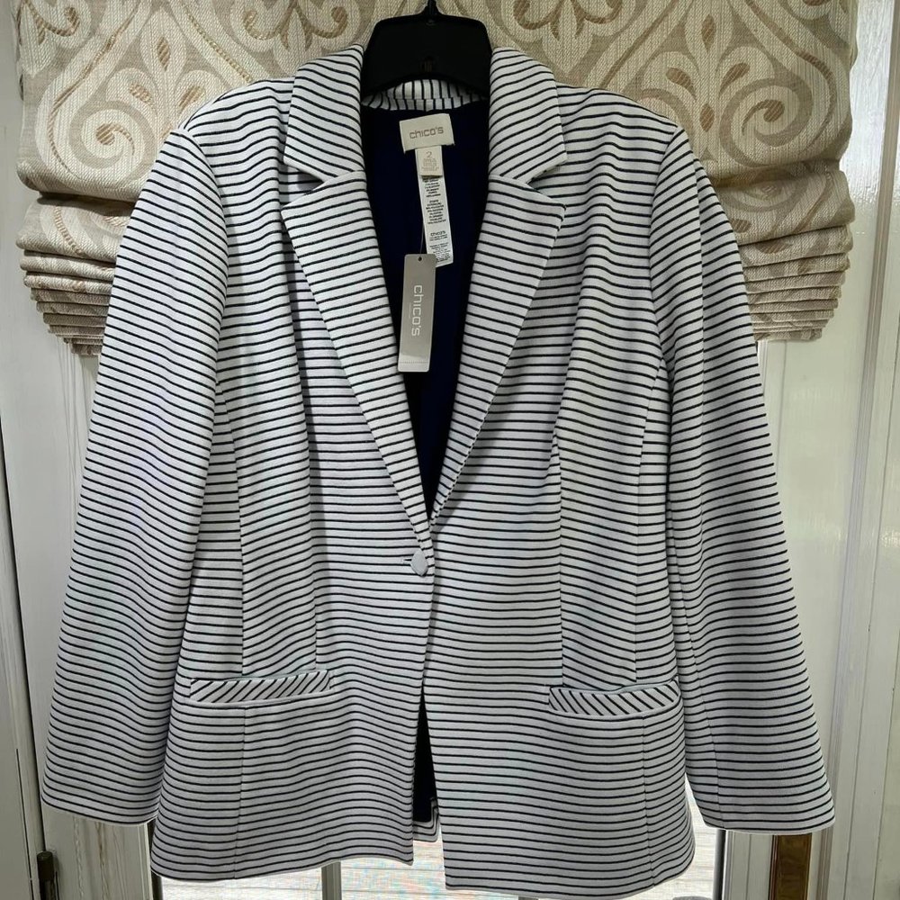Chico's Navy/White Striped Boyfriend Blazer